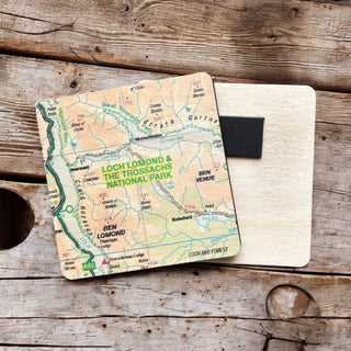 Cover image for 5060995493015 - The OS Map Wooden Square Magnet - Loch Lomond and The Trossachs National Park