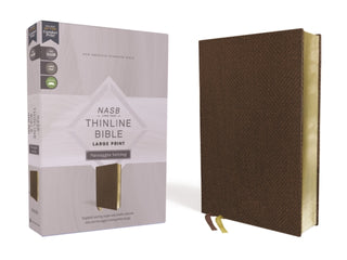 Cover image for 9780310456735 - NASB, Thinline Bible, Large Print, Passaggio Setting, Leathersoft, Brown, Red Letter, 1995 Text, Comfort Print