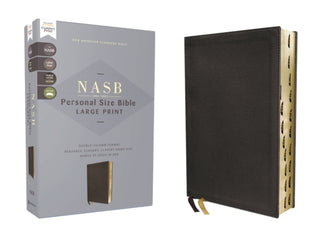 Cover image for 9780310465997 - NASB, Personal Size Bible, Large Print, Genuine Leather, Calfskin, Black, Red Letter, 1995 Text, Thumb Indexed, Comfort Print