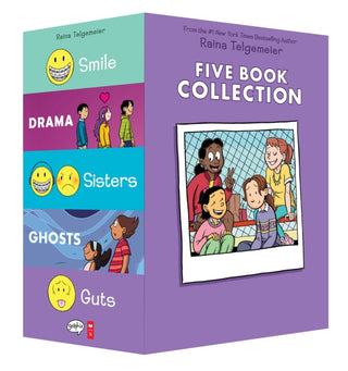 Cover image for 9781338725124 - Raina Telgemeier Collection Box Set (Smile, Drama, Sisters, Ghosts, Guts)
