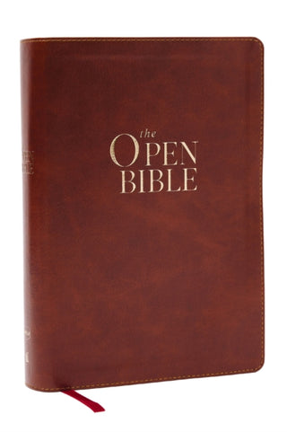 Cover image for 9781400344086 - The Open Bible: Read and Discover the Bible for Yourself (NKJV Brown Leathersoft, Red Letter, Comfort Print)