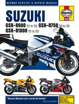 Cover image for 9781785212734 - Suzuki GSX-R600 (01 - 03), GSX-R750 (00 - 03), GSX-R1000 (01 - 02) Haynes Repair Manual