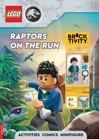 Supplemental image for 9781837250127 - LEGO® Jurassic World™: Raptors on the Run Activity Book (with Kenji minifigure, baby raptor and accessories)