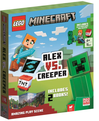 Supplemental image for 9781837250943 - LEGO® Minecraft™: Alex vs. Creeper (with Alex minifigure, Creeper minibuild, LEGO pieces, 2 books and fold-out play scene)