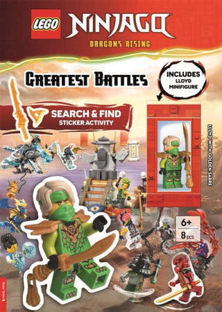 Cover image for 9781837251742 - LEGO® NINJAGO®: Greatest Battles Search & Find Sticker Activity Book (with Lloyd minifigure and Golden Sabre)