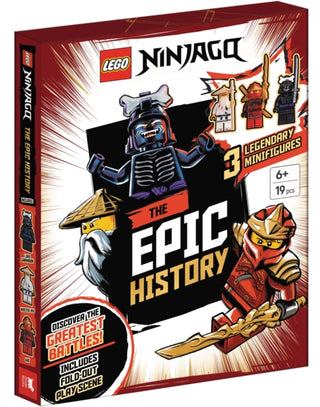 Cover image for 9781837251995 - LEGO® NINJAGO®: The Epic History (with Kai, Lord Garmadon and Master Wu minifigures and fold-out play scene)