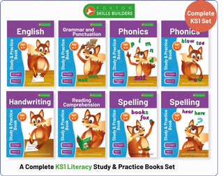 Cover image for 9781839251689 - Complete Key Stage 1 Literacy Study & Practice Books - 8-book bundle! English, Phonics, Spelling, Handwriting, Reading Comprehension for AGES 4 - 7
